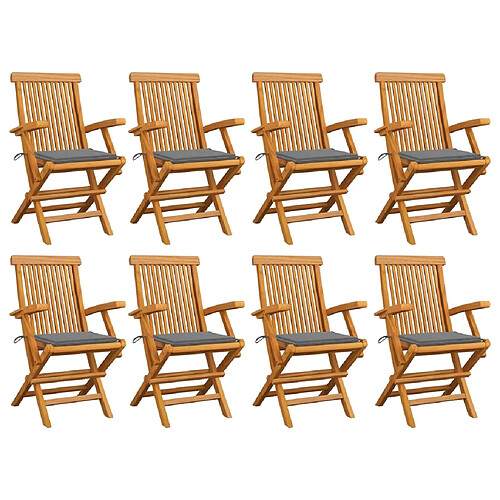 vidaXL Chaises de jardin avec coussins gris lot de 8 Bois teck massif