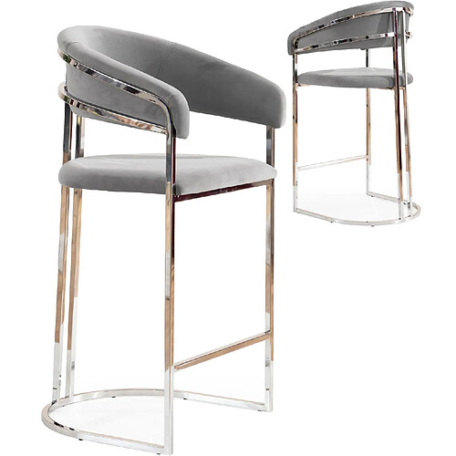 Vivenla Tabouret de bar design en acier inoxydable argenté et revêtement en velours gris clair collection JEVON