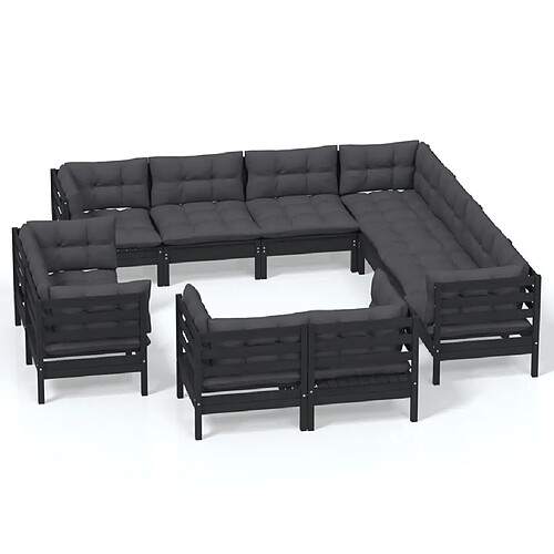 Maison Chic Salon de jardin 11pcs + coussins - Mobilier/Meubles de jardin - Table et chaises d'extérieur Noir Bois de pin massif -MN31441