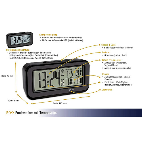 Réveil radiopiloté(e) TFA Dostmann Boxx 60.2554.01 noir 1 pc(s)