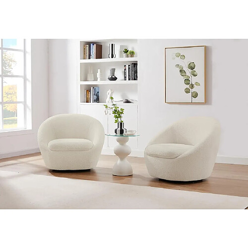 Vente-Unique Fauteuil pivotant arrondi en tissu bouclette blanc LACARA