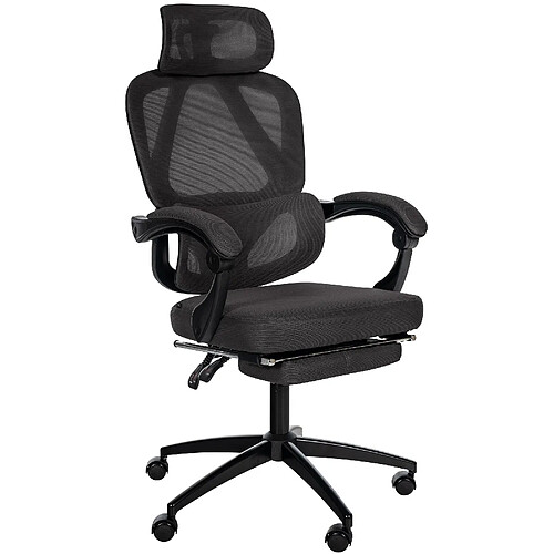 Decoshop26 Fauteuil de bureau ergonomique avec appui-tête réglable soutien lombaire et repose-pieds extensible en maille noir BUR10706