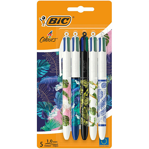 BIC 4 Couleurs Décors Stylos-bille Série Botanique Pointe Moyenne (1,0 mm) - Designs Botanique assortis, Coffret de 5