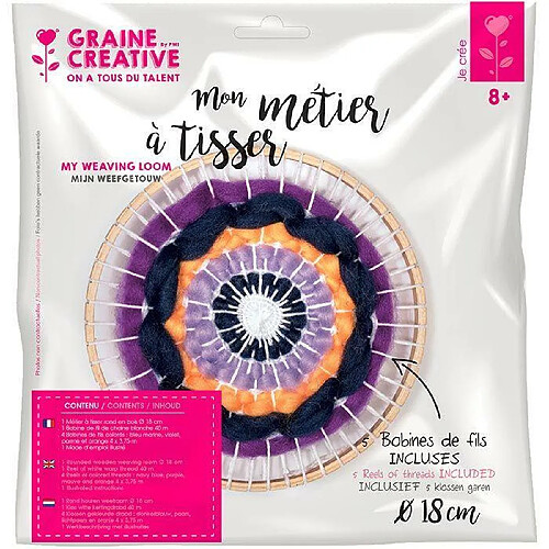 Graines Creatives Coffret mon Métier à tisser Ø 18 cm + Fil blanc + 4 bobines colorées