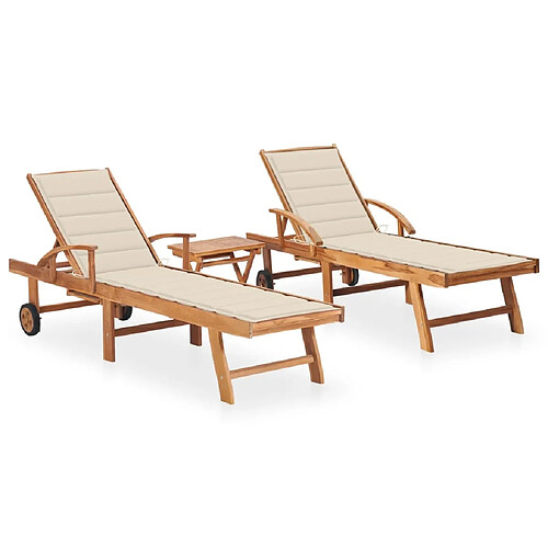 Helloshop26 Lot de 2 transats chaise longue bain de soleil lit de jardin terrasse meuble d'extérieur avec table et coussin bois de teck solide 02_0012080