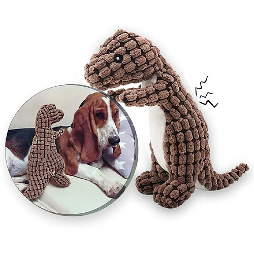 Jouet en peluche pour chien en velours côtelé durable avec couineur en plastique en forme de dinosaure Marron