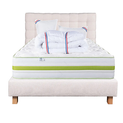 LUXURY LITERIE Ensemble matelas Rêverie 140x190 cm + sommier beige ep20cm + 2 oreillers + couette + Tête de Lit