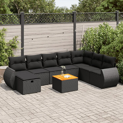 vidaXL Salon de jardin 9 pcs avec coussins noir résine tressée