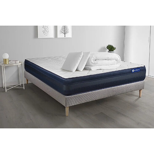 ACTISOM Pack prêt à dormir matelas ACTILATEX TECH 140x190 Mémoire de forme Maxi épaisseur + sommier KIT gris + 2 oreillers +couette