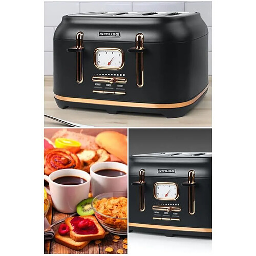 Muse GRILLE-PAIN RETRO VINTAGE DESIGN 4 TRANCHES 1800W COULEUR NOIR ET DORE