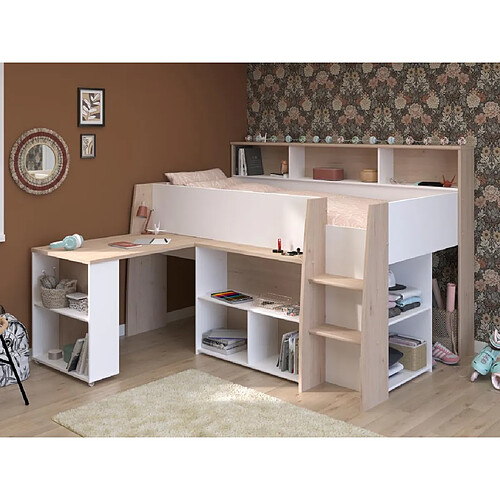 Vente-Unique Lit combiné 90 x 200 cm avec bureau et rangements - Blanc et naturel - APOLINO