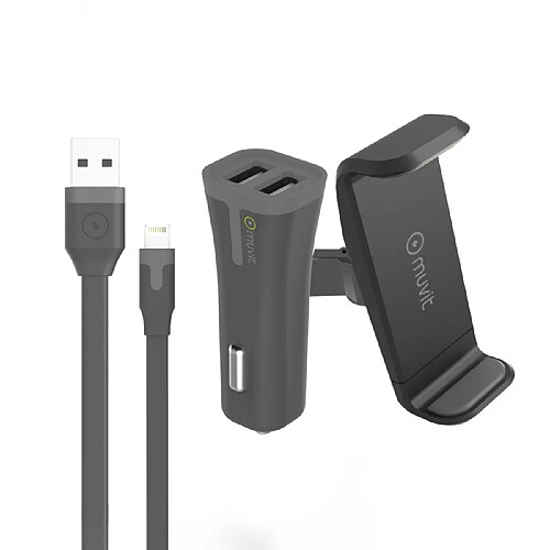 Muvit Support Voiture Grip 360° + Chargeur allume-cigare + Câble USB vers Lightning Noir