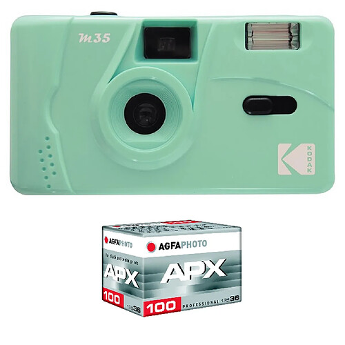 KODAK Pack M35 Argentique + Pellicule APX 100, 36 poses - Appareil Photo Kodak Rechargeable 35mm Mint Green, Objectif Grand Angle - Mint Green