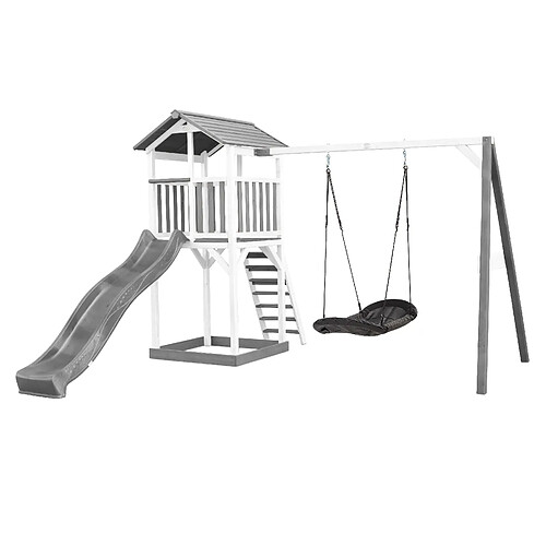 AXI Beach Tower Aire de Jeux avec Toboggan en gris, Balançoire Nid d'oiseau noir & Bac à Sable | Grande Maison enfant extérieur en gris & BLANC | Cabane de Jeu en Bois FSC