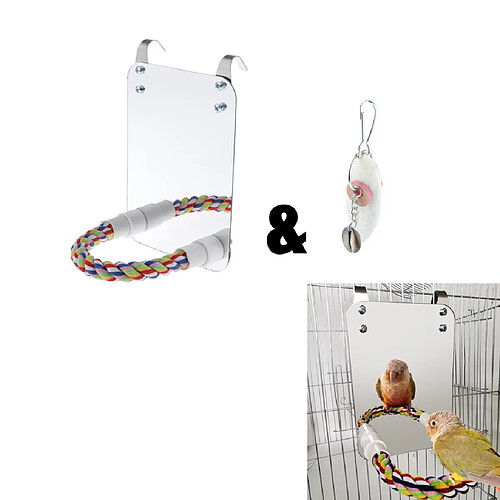 Grand Miroir Parrot Avec Perche En Corde Et Jouet De Cage à Mâcher