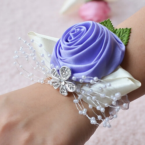 Wewoo Mariée à la main fleur rose et Violet poignet boutonnière Bouquet Corsage diamant Satin fleurs