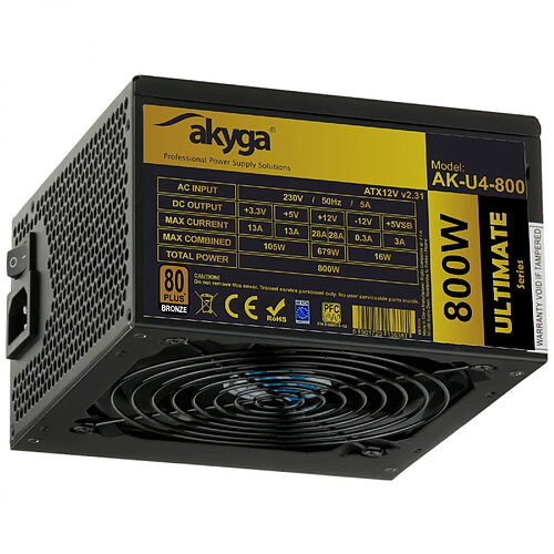 Akyga ATX Power Supply 800W Ultimate AK-U4-800 P4+4 PCI-E 6 Broches 6+2 Broches 6X SATA APFC 80+ Bronze Fan 12 cm