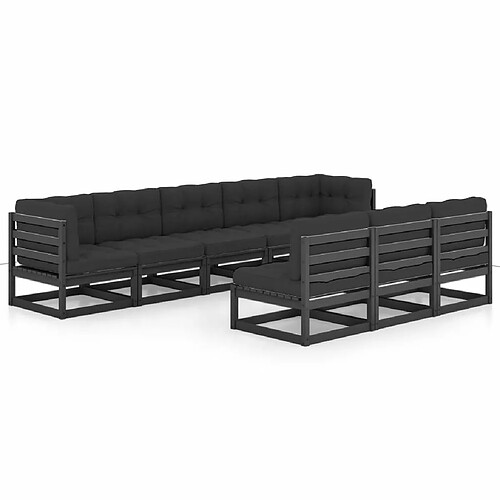 Maison Chic Salon de jardin 8 pcs + coussins - Mobilier/Meubles de jardin - Table et chaises d'extérieur Noir Bois de pin massif -MN44283