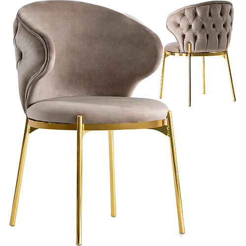 Vivenla Lot de 2 chaises de salle à manger design avec capitonnage à l'arrière revêtement en velours beige et piètement en acier inoxydable doré collection AVERIL