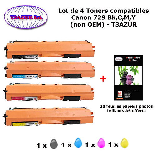 4 Toners génériques Canon CRG729 Bk,C,M,Y pour imprimante Canon i-Sensys LBP7010C, LBP7018C+20f PPA6 -T3AZUR