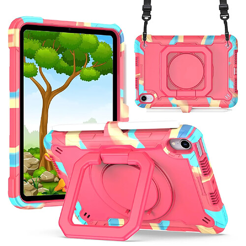 Coque en TPU + silicone avec béquille rotative et bandoulière camouflage/Rose pour votre Apple iPad mini (2021)