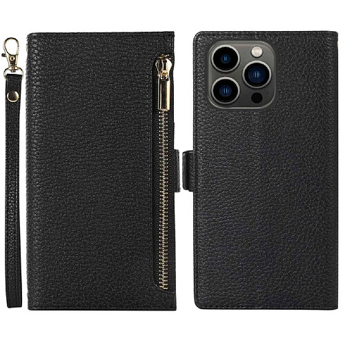 Etui en PU texture litchi, anti-écaillage avec pochette à fermeture éclair et sangle pour votre iPhone 14 Pro Max - noir