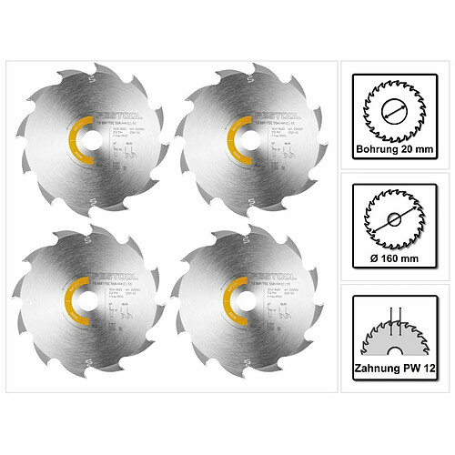 Festool Wood Rip Cut HW Lames de scie circulaire, 160 x 1,8 x 20 mm PW12, pour Scies plongeantes TS 55 F, TSC 55 K & Scies circulaires sans fil HK 55, HKC 55, 4 pcs. (4x 205550)