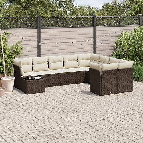 vidaXL Salon de jardin 10 pcs avec coussins marron résine tressée