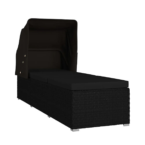 Helloshop26 Transat chaise longue bain de soleil lit de jardin terrasse meuble d'extérieur avec auvent et coussin résine tressée noir 02_0012275