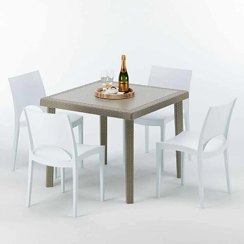 Grand Soleil Table carrée beige + 4 chaises colorées Poly rotin synthétique Elegance, Chaises Modèle: Paris Blanc