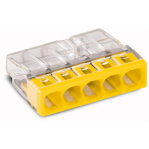 borne pour boite de dérivation compact - wago - 5 conducteurs - 5 x 0.5 à 2.5 mm2 - transparent / jaune