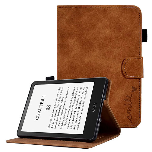 Etui en PU motif coeur d'amour avec support et porte-carte pour votre Amazon Kindle Paperwhite 5 (2021) - marron