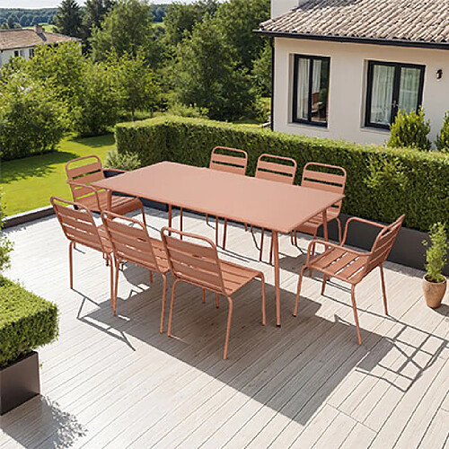 Mes Ensemble table 180 cm +6 chaises +2 fauteuils en métal terracotta-BACA