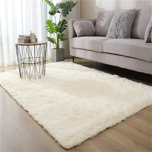 Tapis Salon Carré Shaggy Moderne Beige 140x200cm