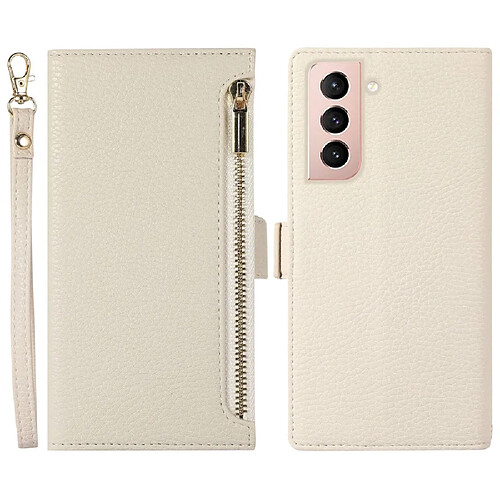 Etui en PU texture litchi avec support, pochette à fermeture éclair et sangle pour votre Samsung Galaxy S21 4G/5G - blanc