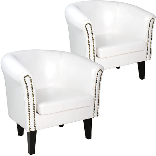 Helloshop26 Lot de 2 fauteuils chesterfield en synthétique et bois avec éléments décoratifs en cuivre 58 x 71 x 70 cm chaise cabriolet meuble de salon blanc 01_0000112