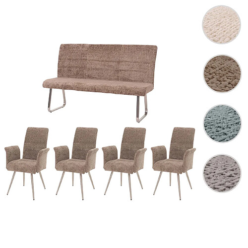 Mendler Set de salle à manger HWC-G55, set de 4 chaises avec accoudoirs+banc 160cm, inox brossé tissu/textile chenille ~ marron