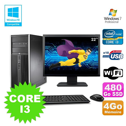 Lot PC Tour HP 8200 Core I3-2120 4Go 480Go SSD Graveur WIFI W7 + Ecran 22 · Occasion