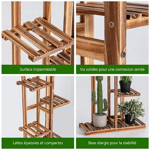 Helloshop26 Étagère pour fleurs en bois de pin 5 niveaux autoportante 6 pots avec dispositif anti-basculement intérieur/extérieur marron 20_0007331