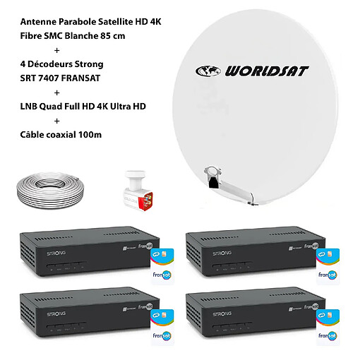 Kit Antenne Parabole Sat HD 4K Fibre SMC Blanche 85cm WORLDSAT + 4 Décodeurs Strong SRT 7407 FRANSAT + LNB Quad 4K Ultra Full HD + Câble coax 100m