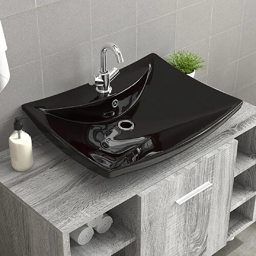 vidaXL Lavabo rectangulaire en céramique noir de luxe avec trop-plein et trou