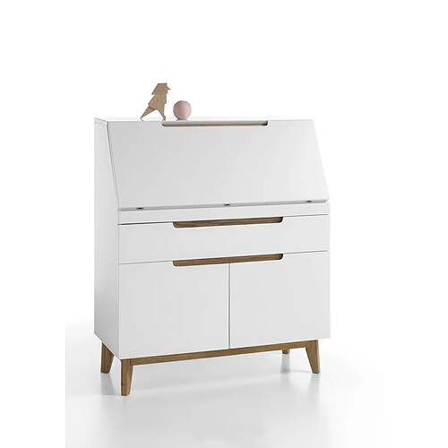 Pegane Bureau de sécretaire en laqué blanc mat avec piètement en chêne - L97 x H113 x P40 cm