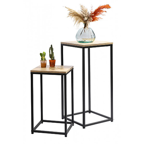 SET DE 2 SELLETTES TABLE BASSE DECORE TABLE D'APPOINT CONSOLE EN BOIS ET MÉTAL NOIR 34X34XH74CM ET 30X30XH54CM+Urban Living