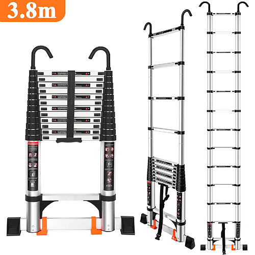3.8M Échelle Télescopique en Aluminium avec Crochet Support Mural