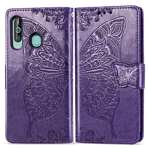 Wewoo Housse Coque Étui en cuir à rabat horizontal Butterfly Love Flowers pour Galaxy A60avec porte-cartes et porte-cartesainsi que porte-monnaie et lanière violet foncé