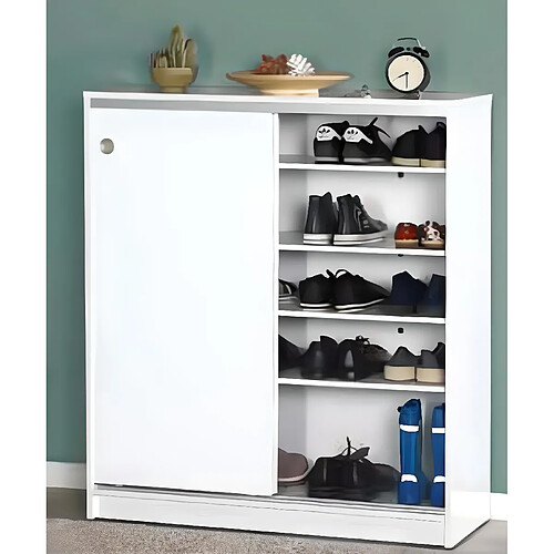 Pegane Armoire à chaussures de 2 portes coulissantes coloris Blanc - Longueur 91 x profondeur 37 x hauteur 105 cm