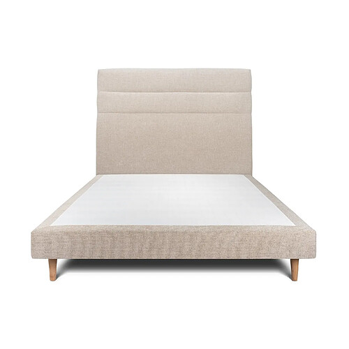 Sommeil de plomb Lit 135x190cm avec tête de lit lignes tissu et sommier tapissier beige brun - Hauteur totale : 29cm