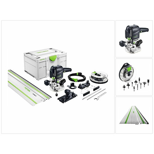 Festool OF 1010 REBQ-Set+Box Défonceuse 1010W Course 55 mm + Coffret Systainer + Set de 10 fraises + Rail de guidage (577186)