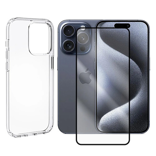 Coque de protection souple silicone transparente + Lot de 2 Verre trempé avec bords Noir pour iPhone 15 Pro Max 6.7" - VISIODIRECT -