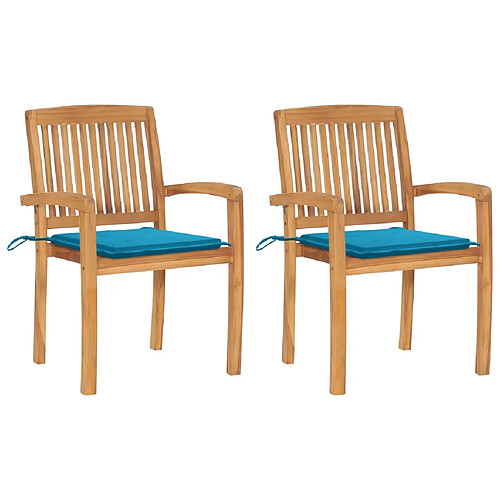 vidaXL Chaises de jardin lot de 2 et coussins bleu Bois de teck massif